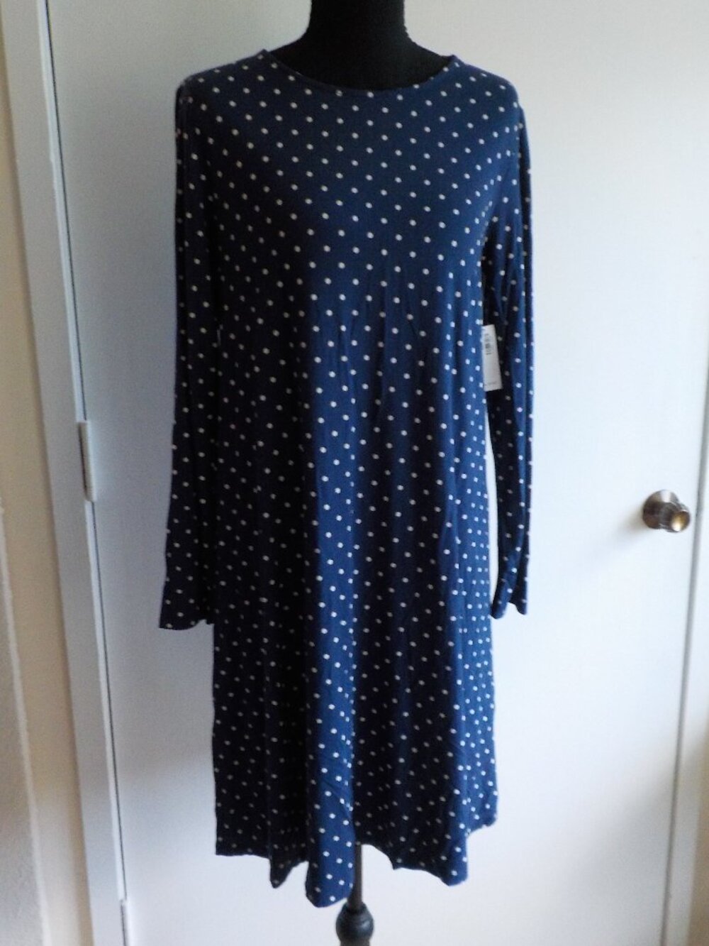 Old Navy Dress - Medium - NWT Blue White Dots Long Sleeve Stretch (2545)